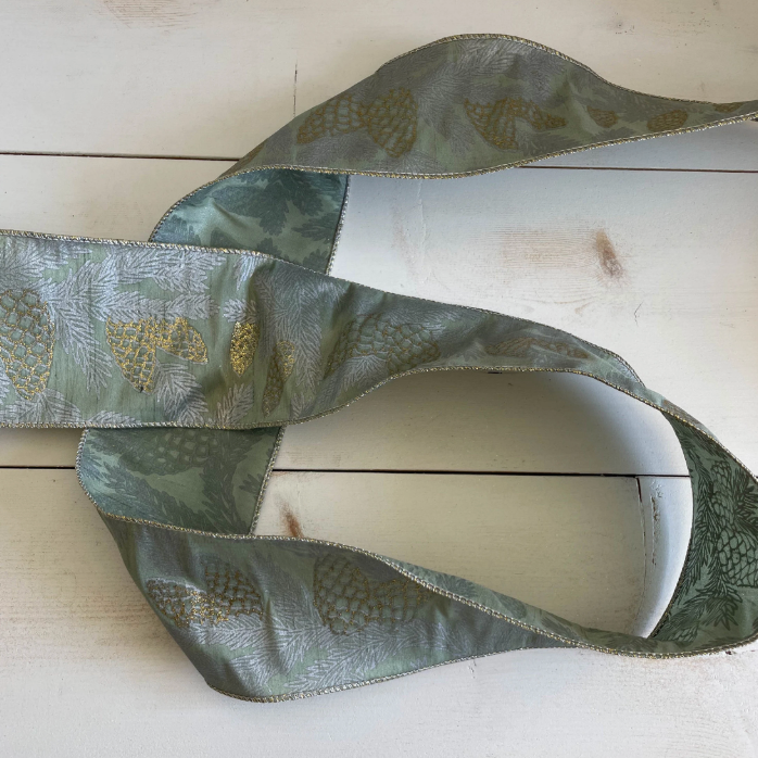 Wired Ribbon - Green with Gold & Silver Pinecones | 4" Width | 10 Yard Roll