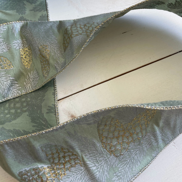 Wired Ribbon - Green with Gold & Silver Pinecones | 4" Width | 10 Yard Roll
