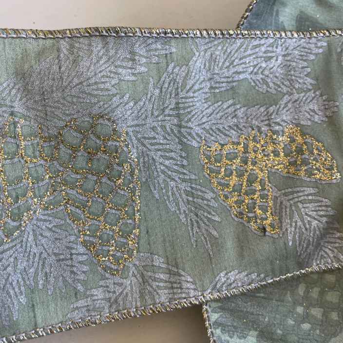Wired Ribbon - Green with Gold & Silver Pinecones | 4" Width | 10 Yard Roll