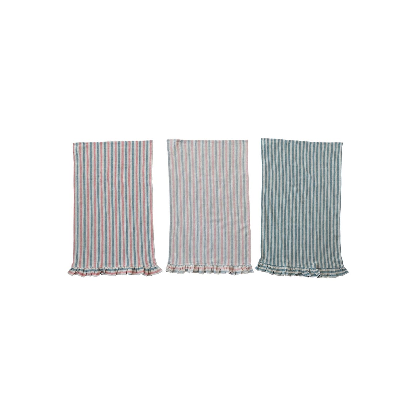 Three woven cotton tea towels with stripes and ruffles, displayed side by side. From left to right: blue stripes, red and blue stripes, light pink and light green stripes.