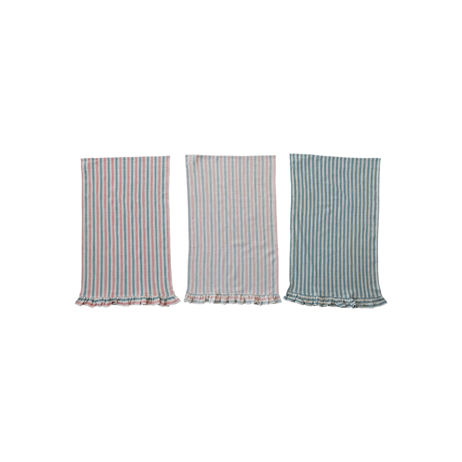 Three woven cotton tea towels with stripes and ruffles, displayed side by side. From left to right: blue stripes, red and blue stripes, light pink and light green stripes.