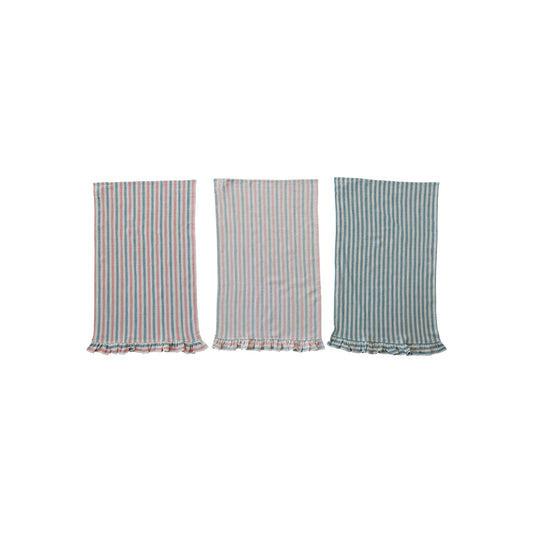 Three woven cotton tea towels with stripes and ruffles, displayed side by side. From left to right: blue stripes, red and blue stripes, light pink and light green stripes.
