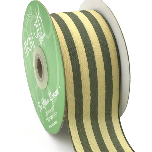 A roll of 2 inch wide striped ribbon with green and ivory colors, showing the stripes clearly.