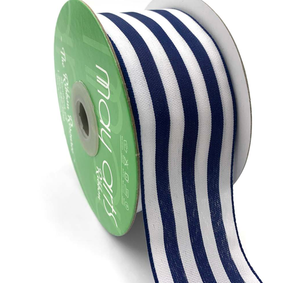 A roll of 2 inch wide striped ribbon in navy and white colors with a woven edge, designed for crafting and decoration purposes.
