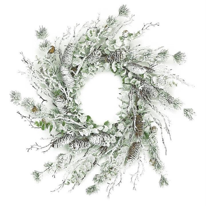 Snowy Twig, Cone & Eucalyptus Wreath 26" - Artificial Winter Door Wreath