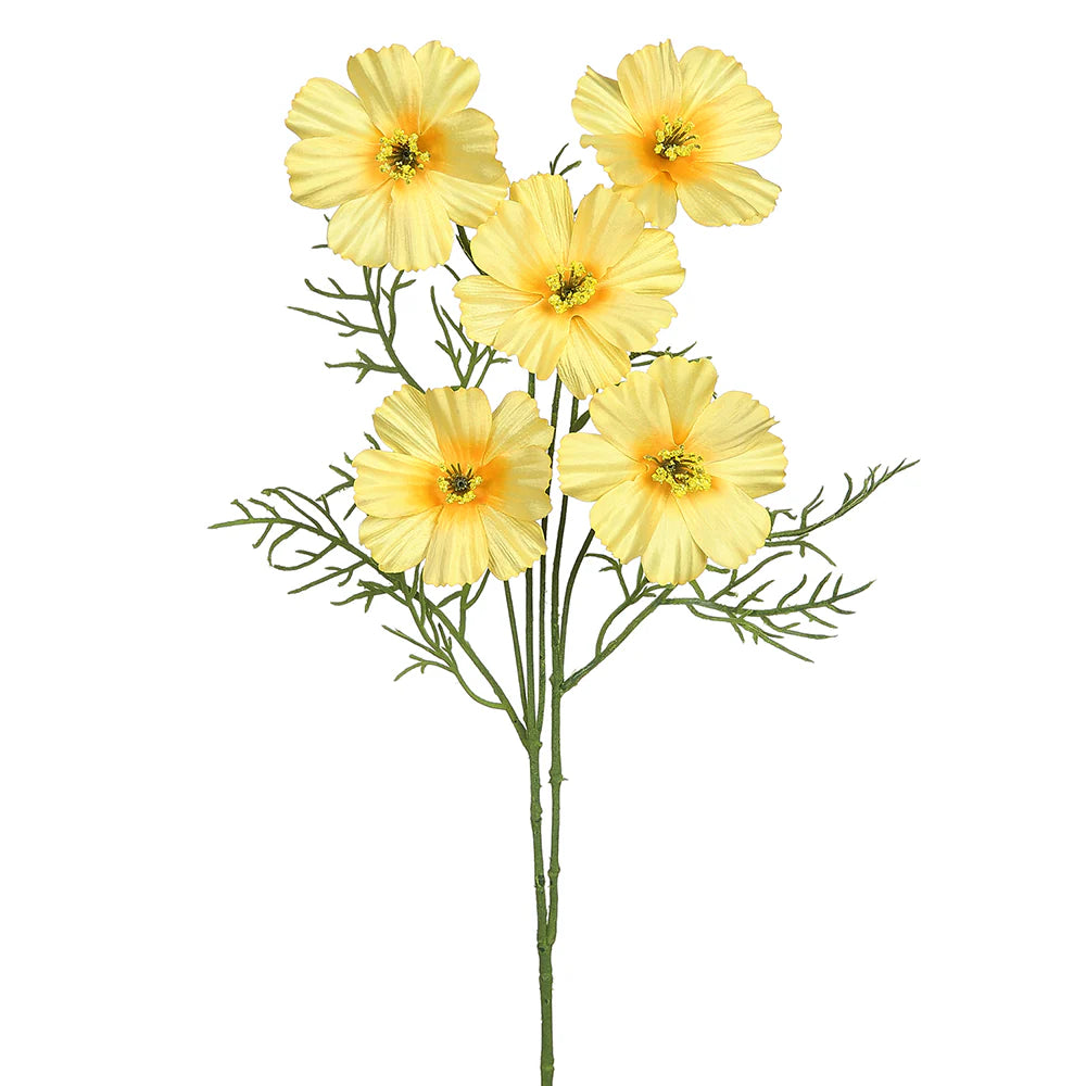 Artificial 26-inch yellow cosmos flower spray with five flowers, depicting summer garden elegance.