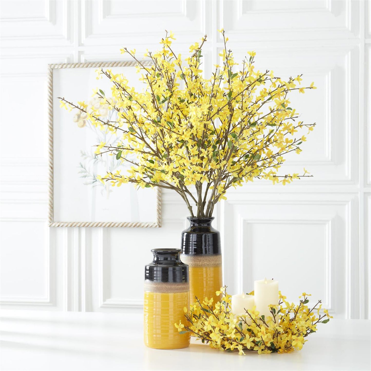 A 44-inch stem with yellow forsythia flowers, intended for use in floral arrangements or home decor.