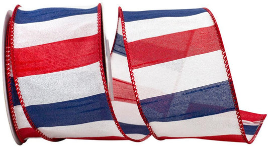 American Dupioni Bar Wired Ribbon - Red, White & Blue | 2.5" Width | 10 Yard Roll
