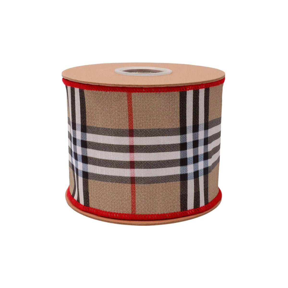 4" Beige Fashion Plaid Wired Dupioni Ribbon with Red Backing | 10 Yard Roll