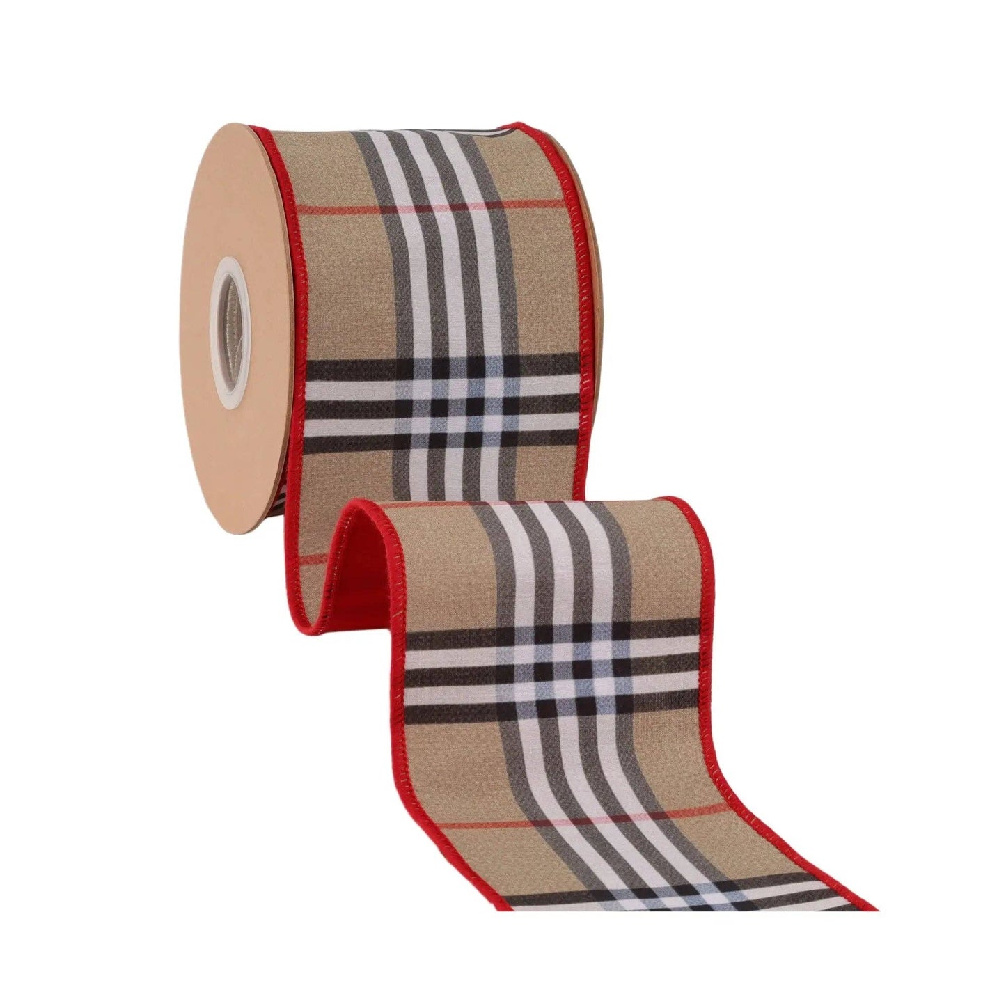4" Beige Fashion Plaid Wired Dupioni Ribbon with Red Backing | 10 Yard Roll
