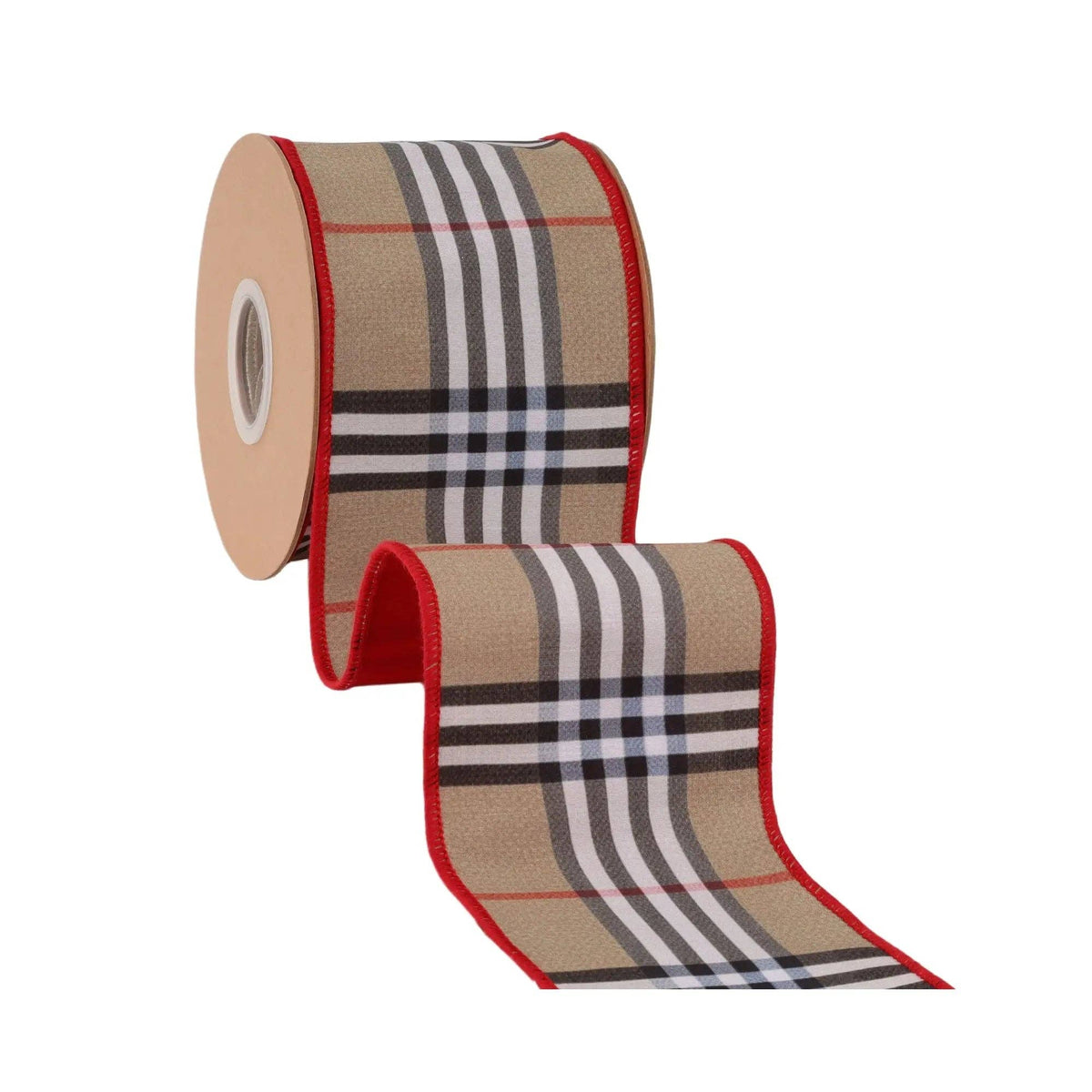 4" Beige Fashion Plaid Wired Dupioni Ribbon with Red Backing | 10 Yard Roll