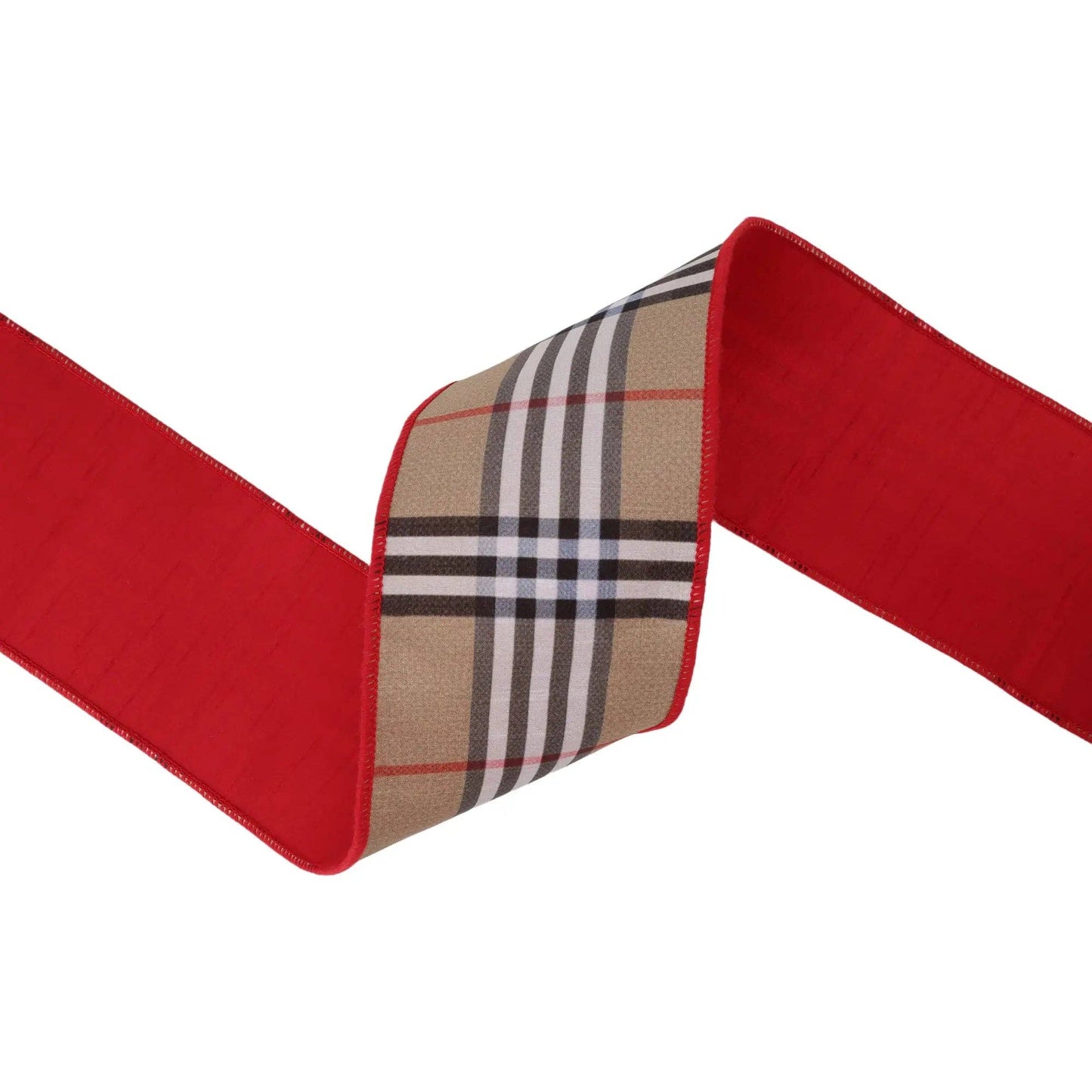 4" Beige Fashion Plaid Wired Dupioni Ribbon with Red Backing | 10 Yard Roll