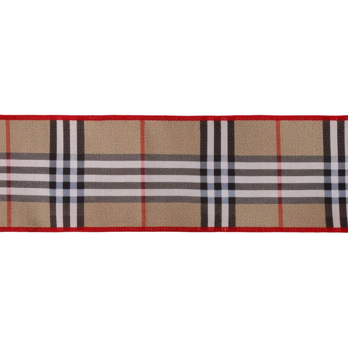 4" Beige Fashion Plaid Wired Dupioni Ribbon with Red Backing | 10 Yard Roll