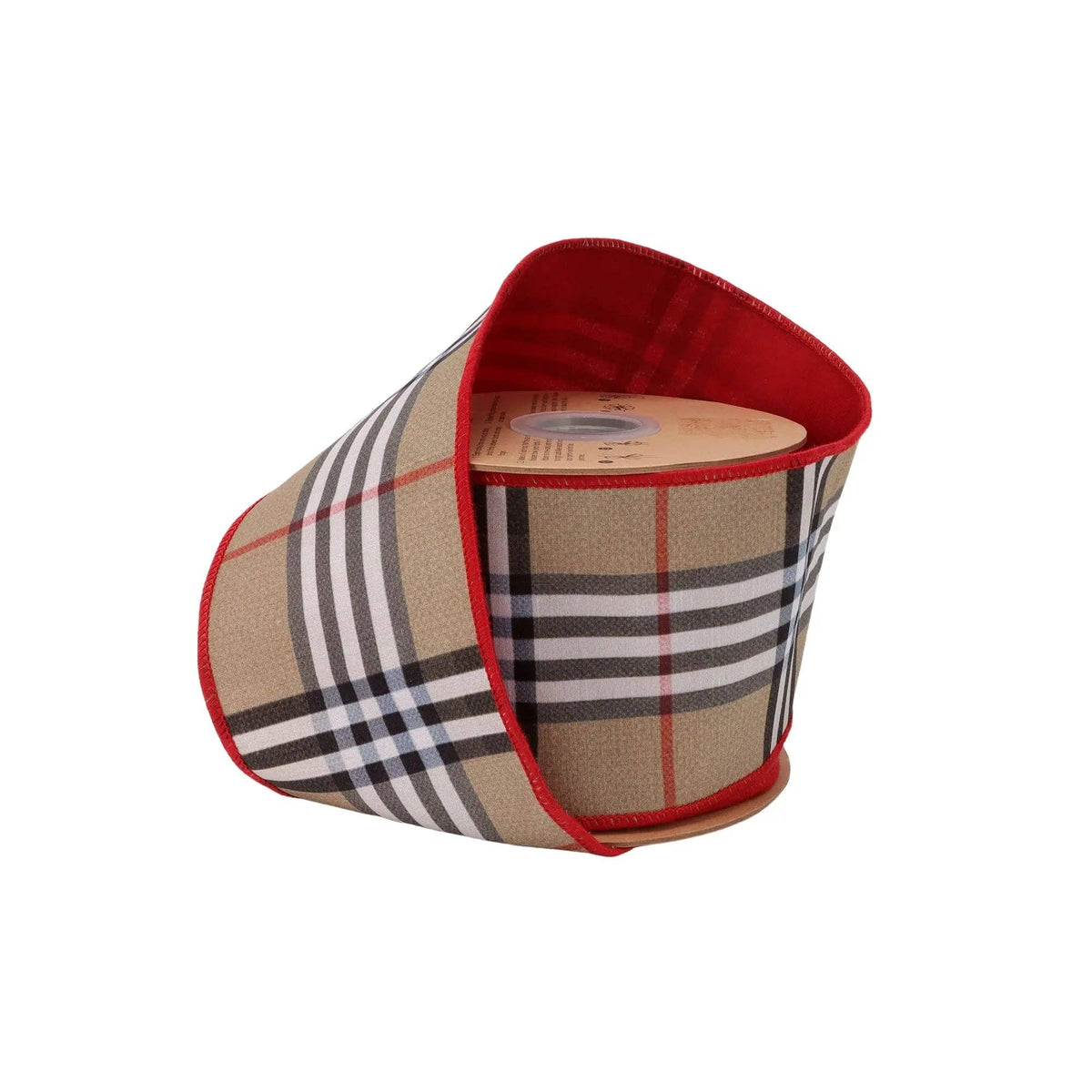 4" Beige Fashion Plaid Wired Dupioni Ribbon with Red Backing | 10 Yard Roll