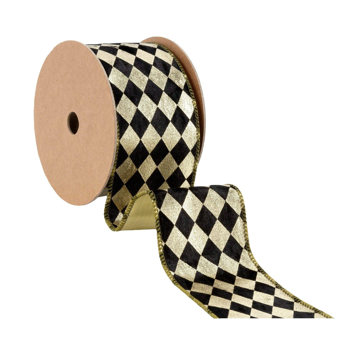 2.5" Black & Gold Harlequin Wired Ribbon with Gold Backing | 10 Yard Spool