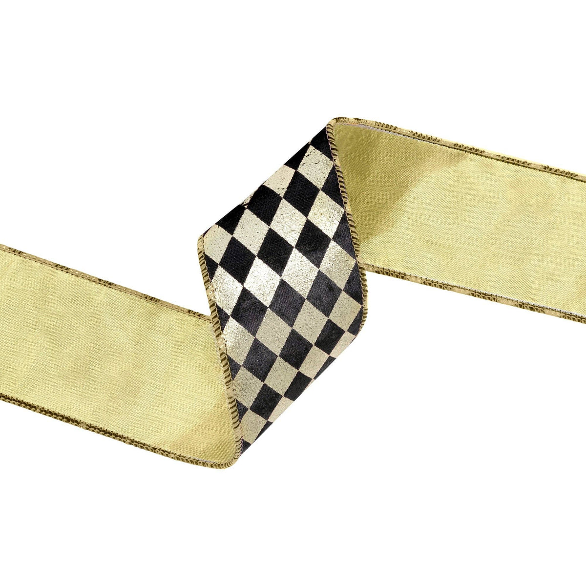 2.5" Black & Gold Harlequin Wired Ribbon with Gold Backing | 10 Yard Spool