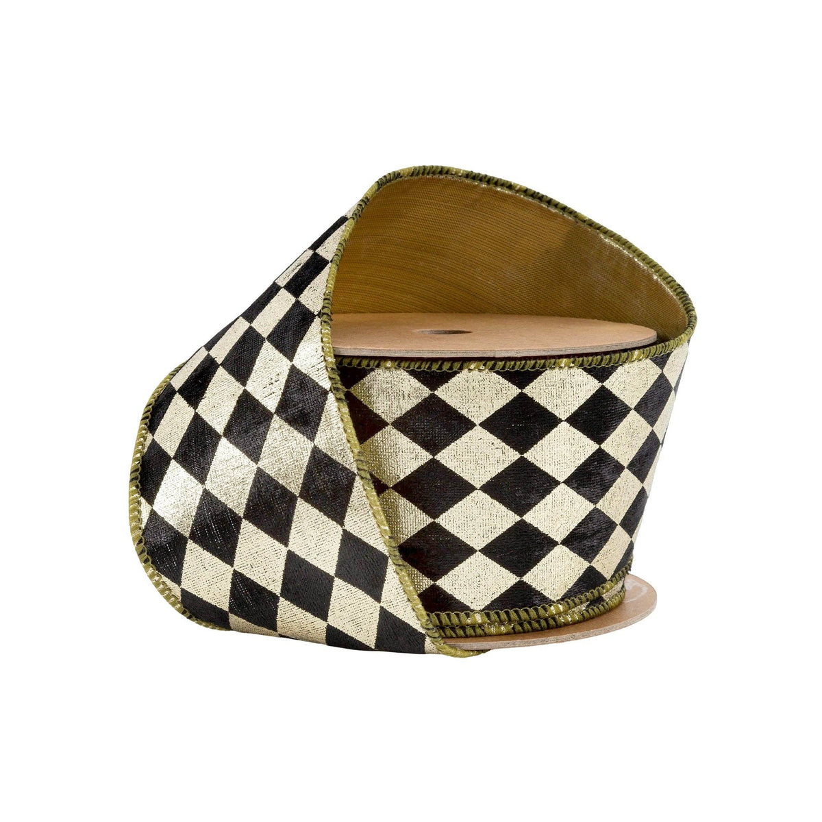 2.5" Black & Gold Harlequin Wired Ribbon with Gold Backing | 10 Yard Spool