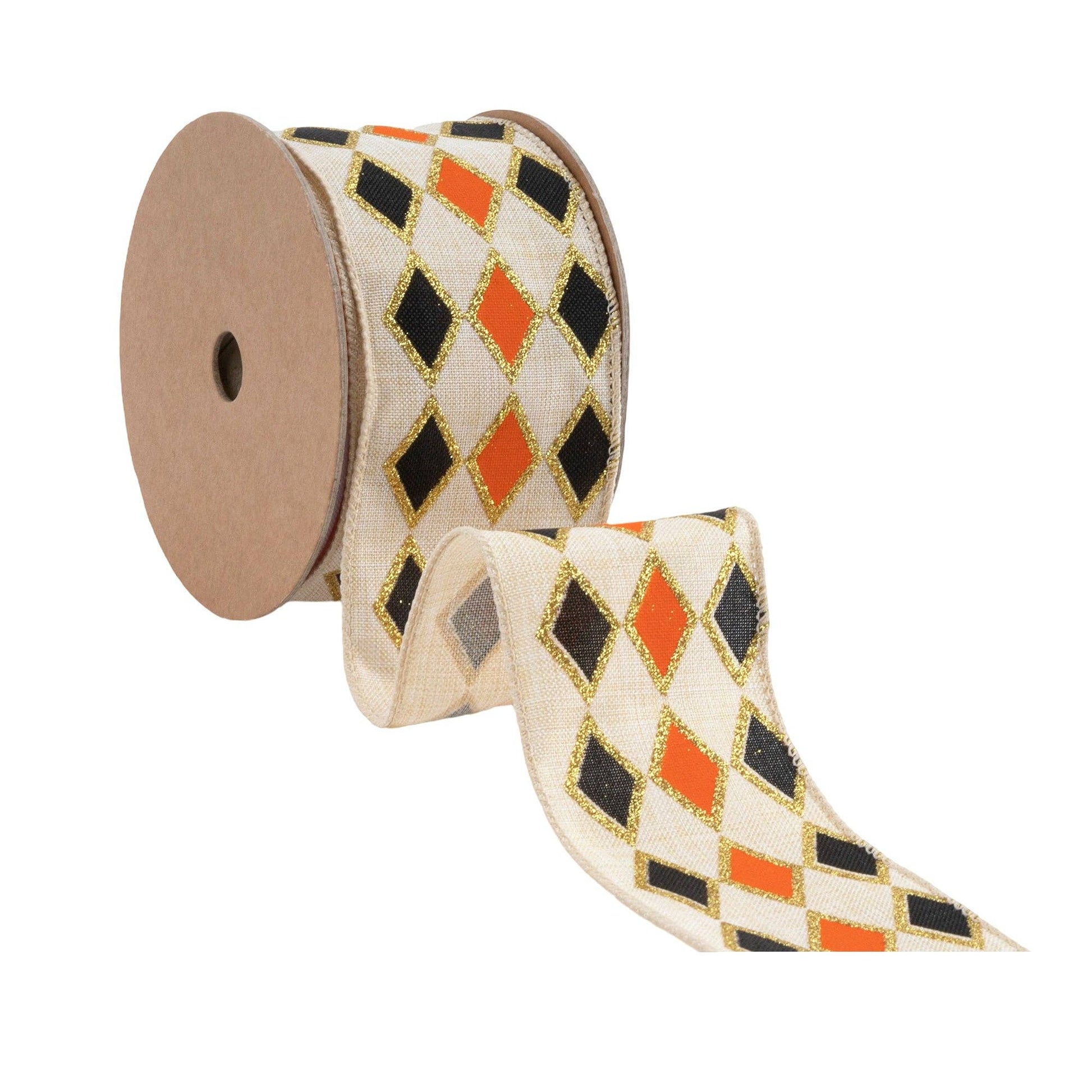 2.5" Black & Orange Diamond Wired Ribbon with Gold Glitter | 10 Yard Spool