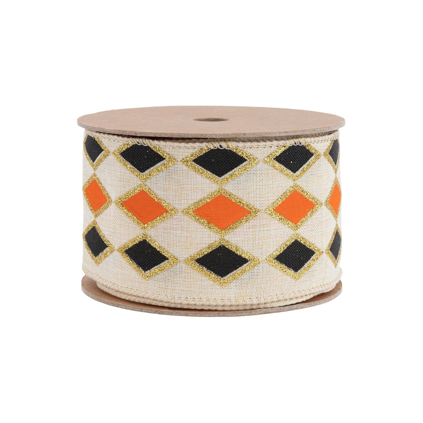 2.5" Black & Orange Diamond Wired Ribbon with Gold Glitter | 10 Yard Spool