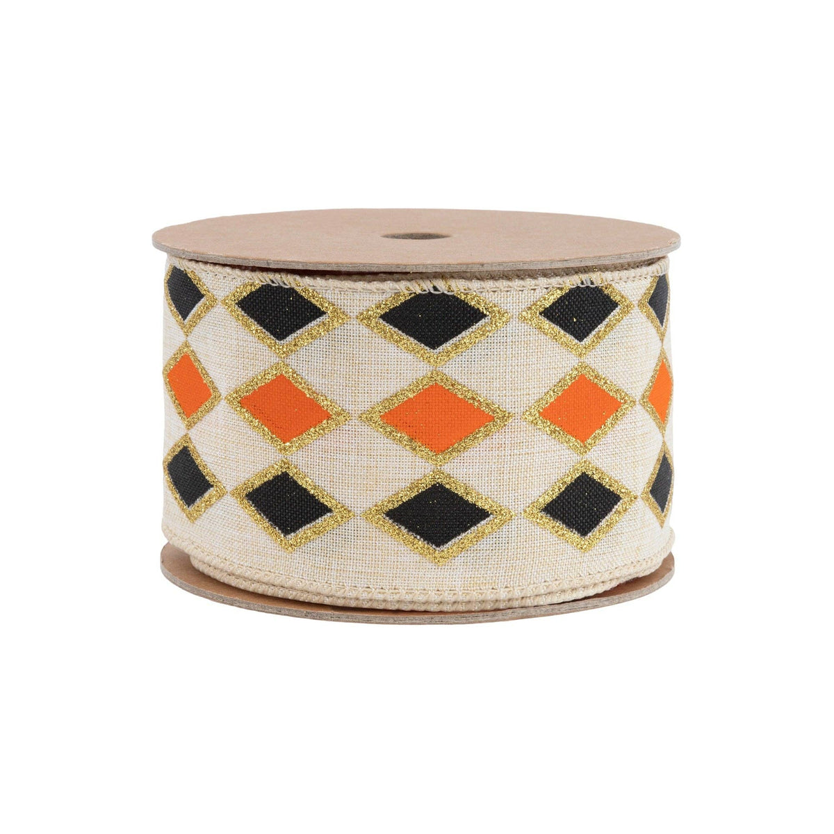 2.5" Black & Orange Diamond Wired Ribbon with Gold Glitter | 10 Yard Spool