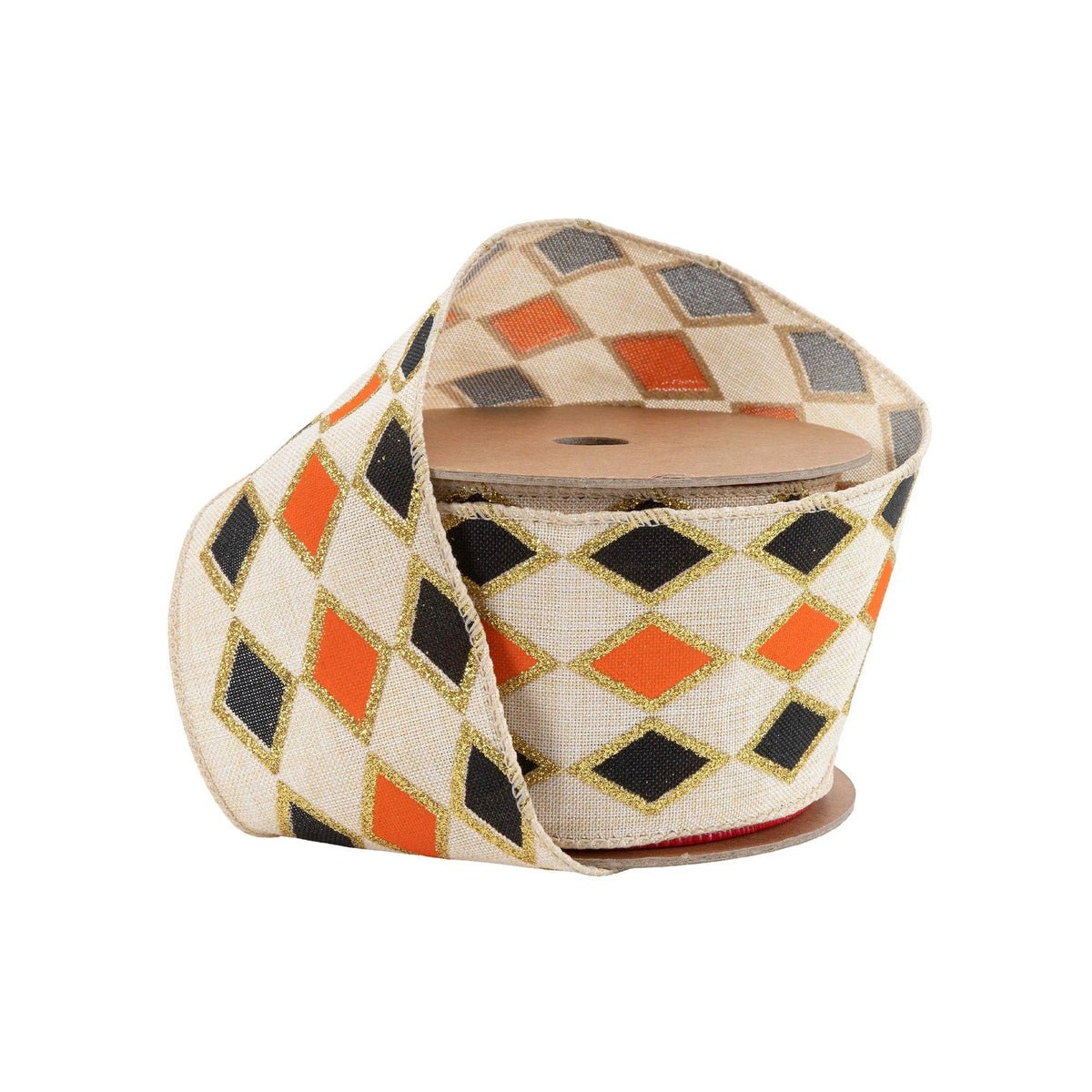 2.5" Black & Orange Diamond Wired Ribbon with Gold Glitter | 10 Yard Spool