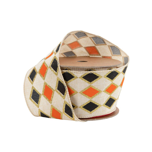 2.5" Black & Orange Diamond Wired Ribbon with Gold Glitter | 10 Yard Spool