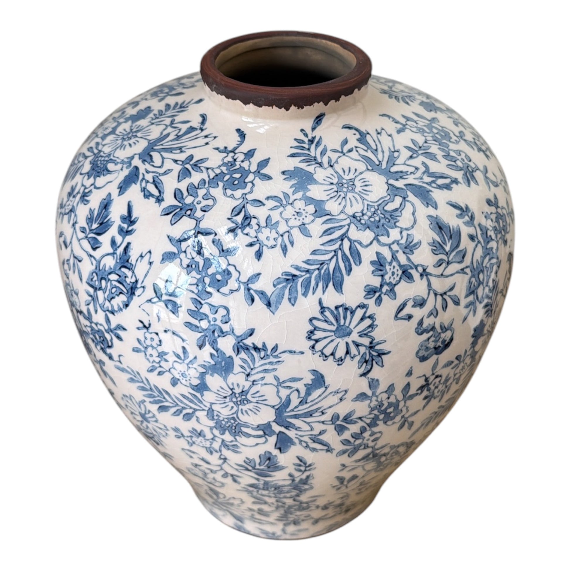 9 inch Ceramic vase with blue floral pattern on a white background