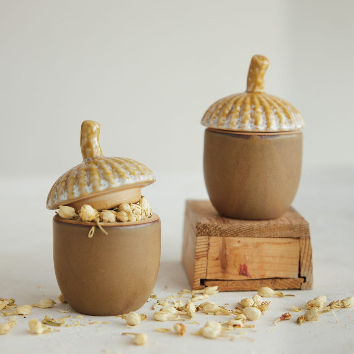 Brown & Tan Stoneware Acorn Jar with Lid