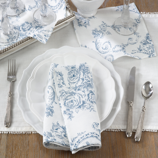 Indigo Toile Floral White 100% Linen Cloth Napkin Set of 4