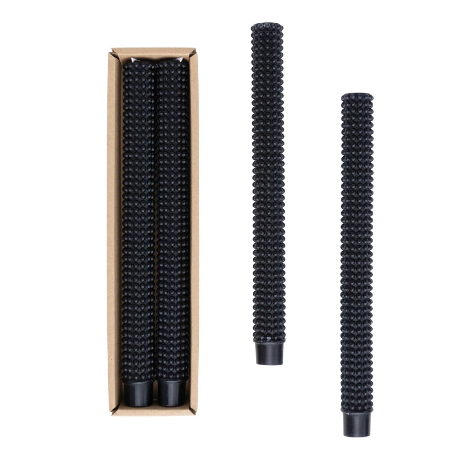 Black Unscented Hobnail Taper Candles. - Set of 2