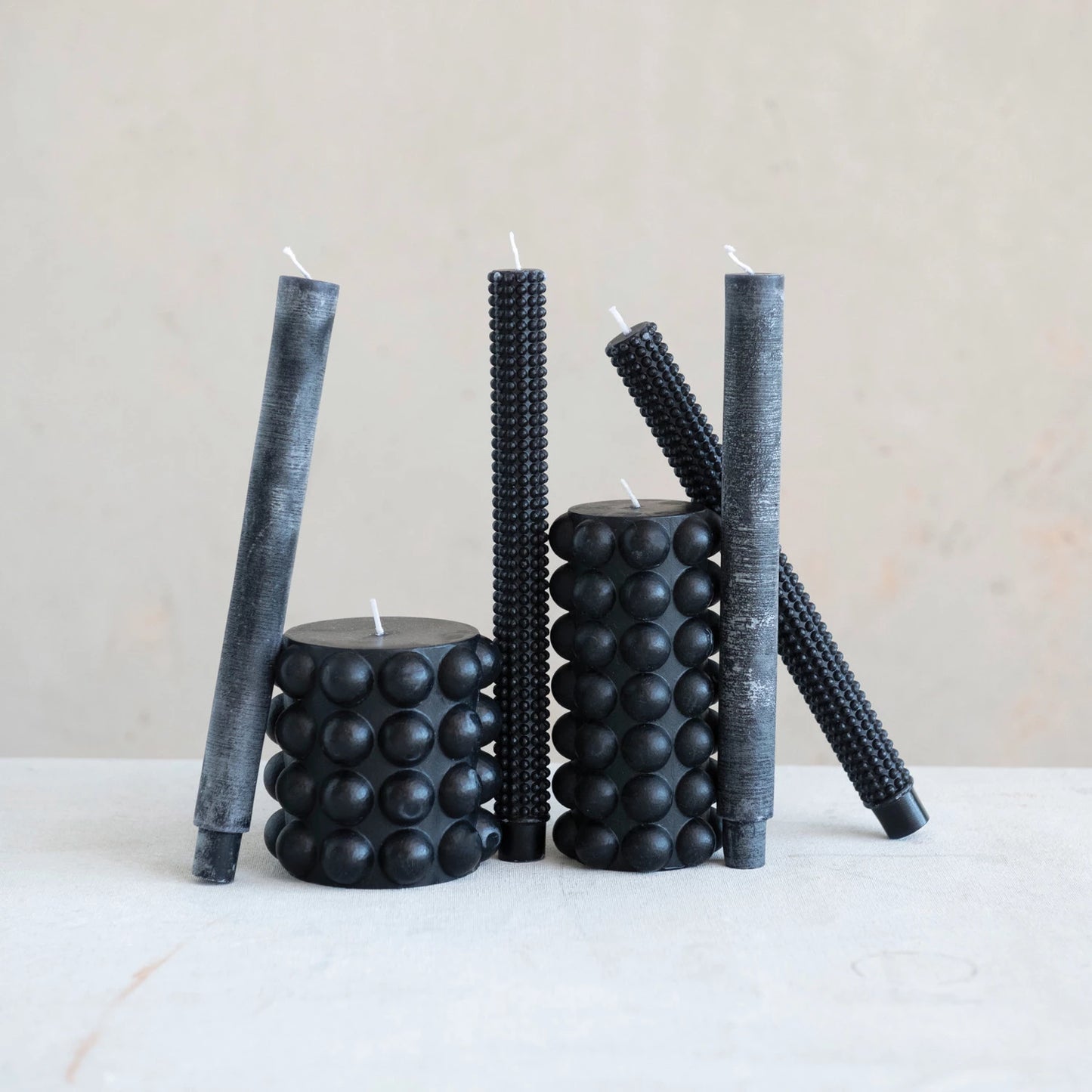 Black Unscented Hobnail Taper Candles. - Set of 2