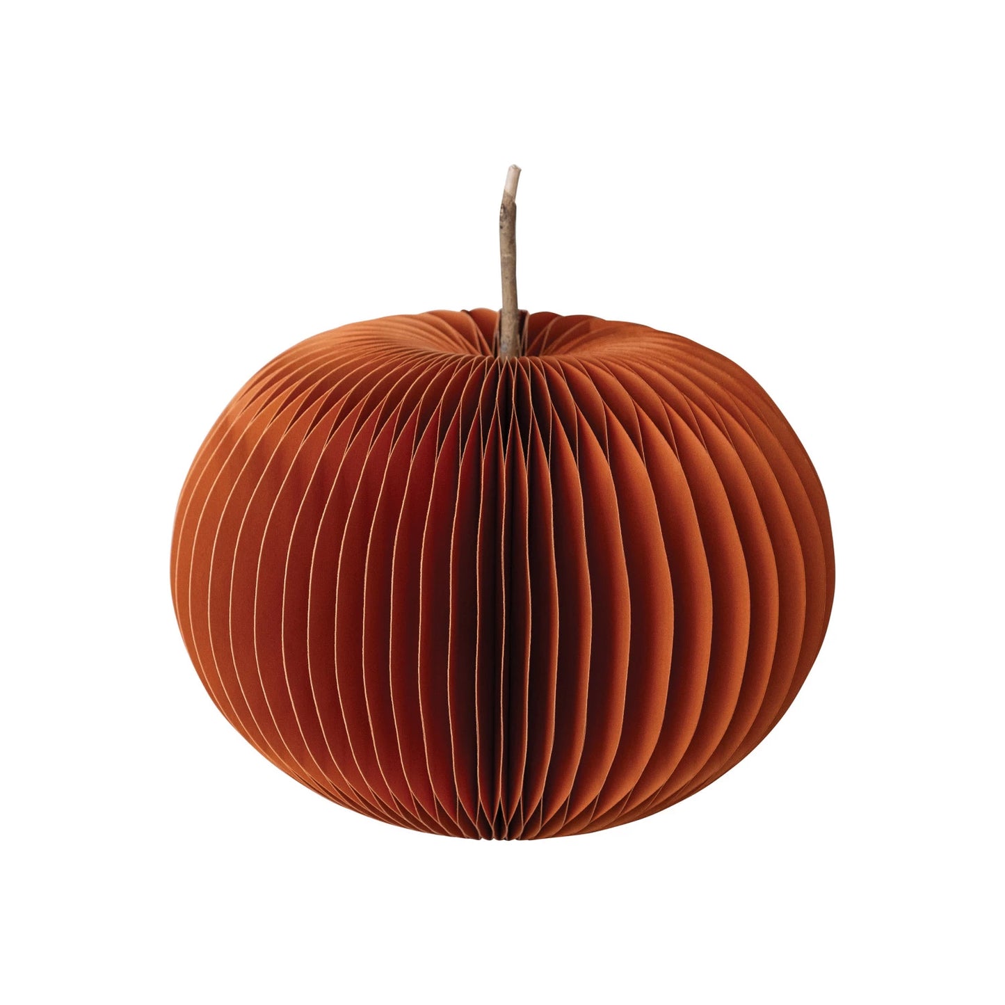 Recycled Paper Folding Honeycomb Pumpkin w/ Dried Natural Twig Stem, Orange Color