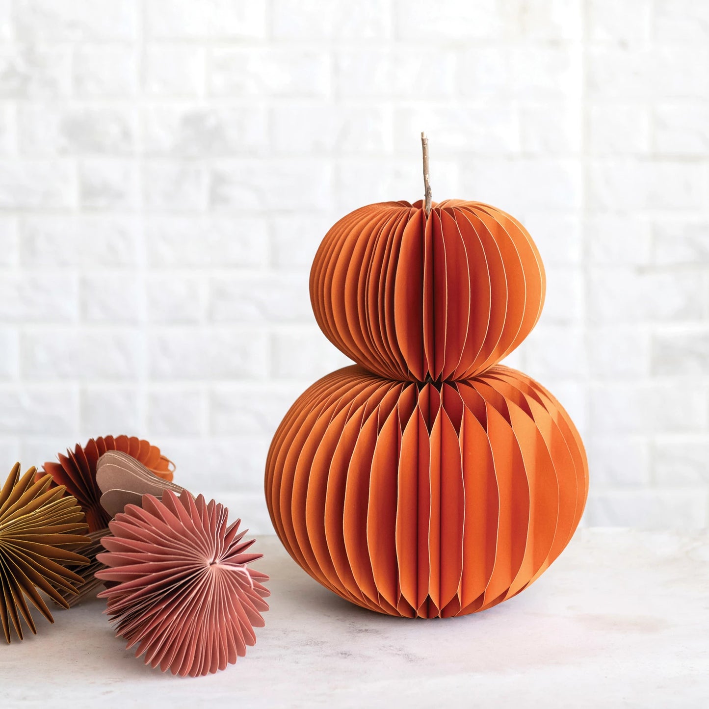 Recycled Paper Folding Honeycomb Pumpkin w/ Dried Natural Twig Stem, Orange Color