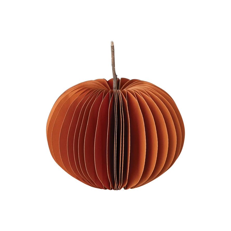 Recycled Paper Folding Honeycomb Pumpkin w/ Dried Natural Twig Stem, Orange Color