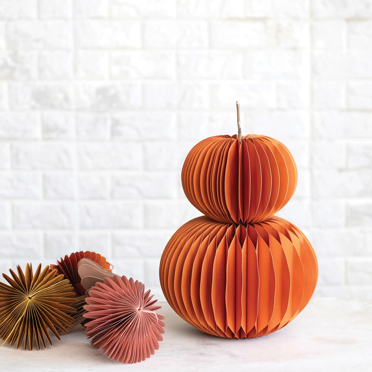 Recycled Paper Folding Honeycomb Pumpkin w/ Dried Natural Twig Stem, Orange Color