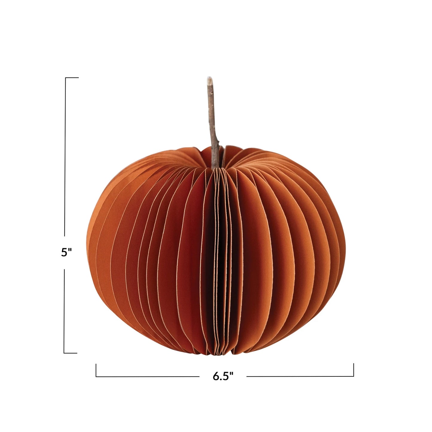 Recycled Paper Folding Honeycomb Pumpkin w/ Dried Natural Twig Stem, Orange Color