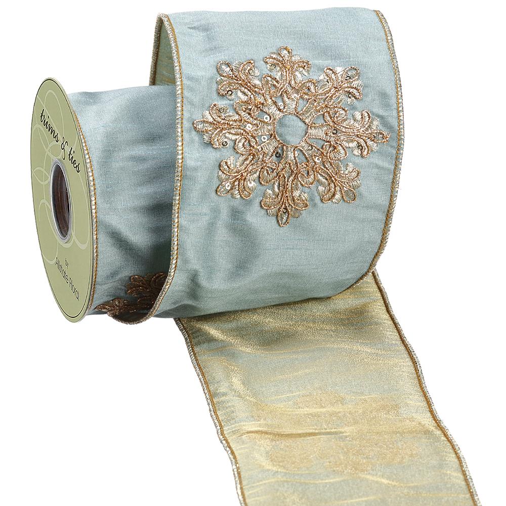 4" Teal Ribbon with Gold Snowflake Embroidered