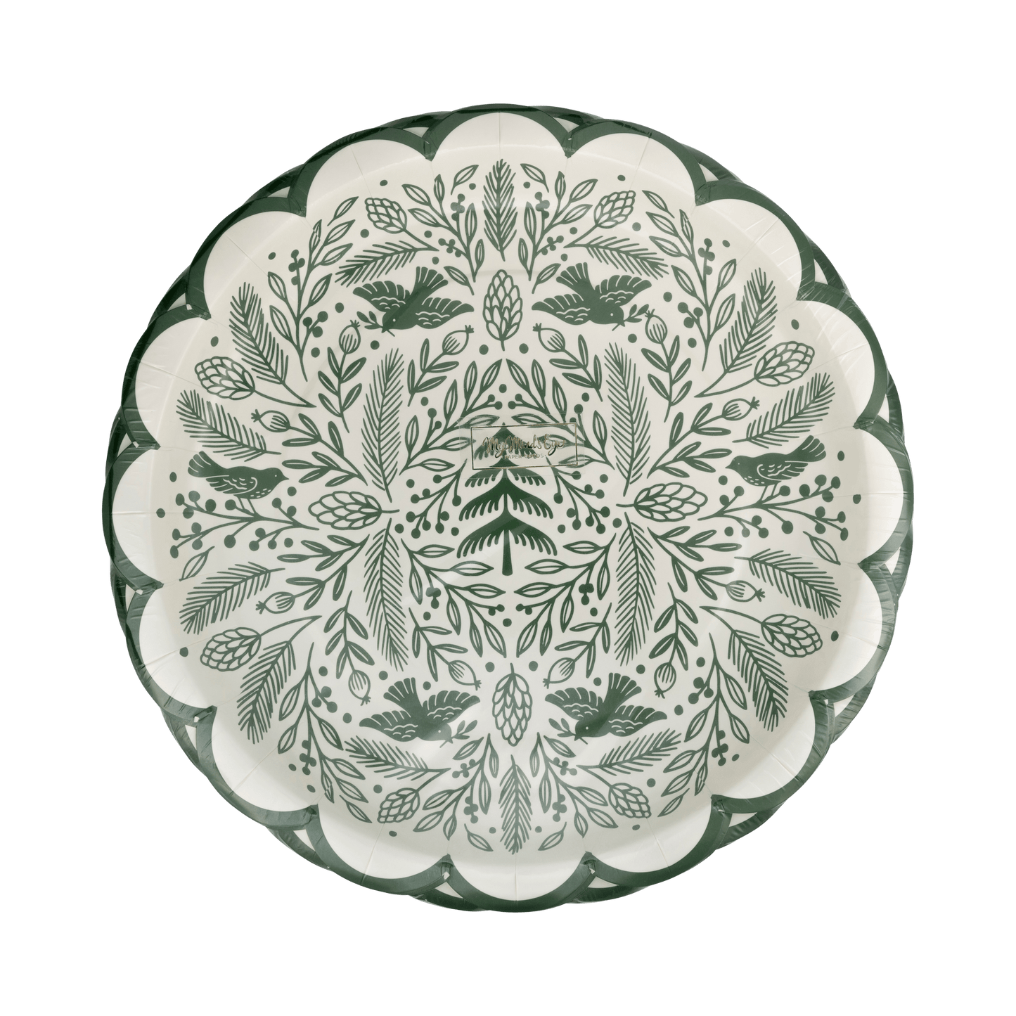 Decorative plate with green floral and leaf pattern on a white background