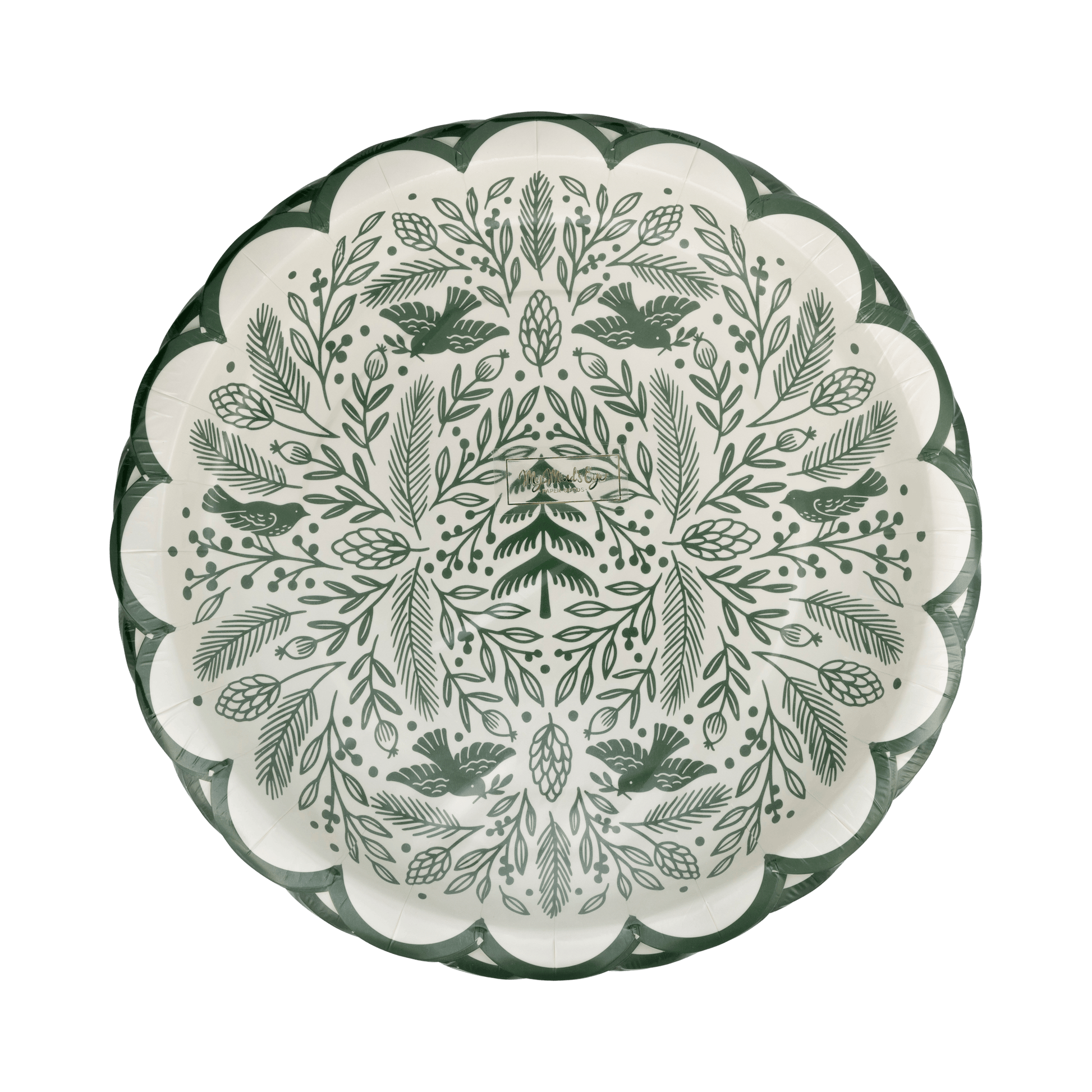 Decorative plate with green floral and leaf pattern on a white background