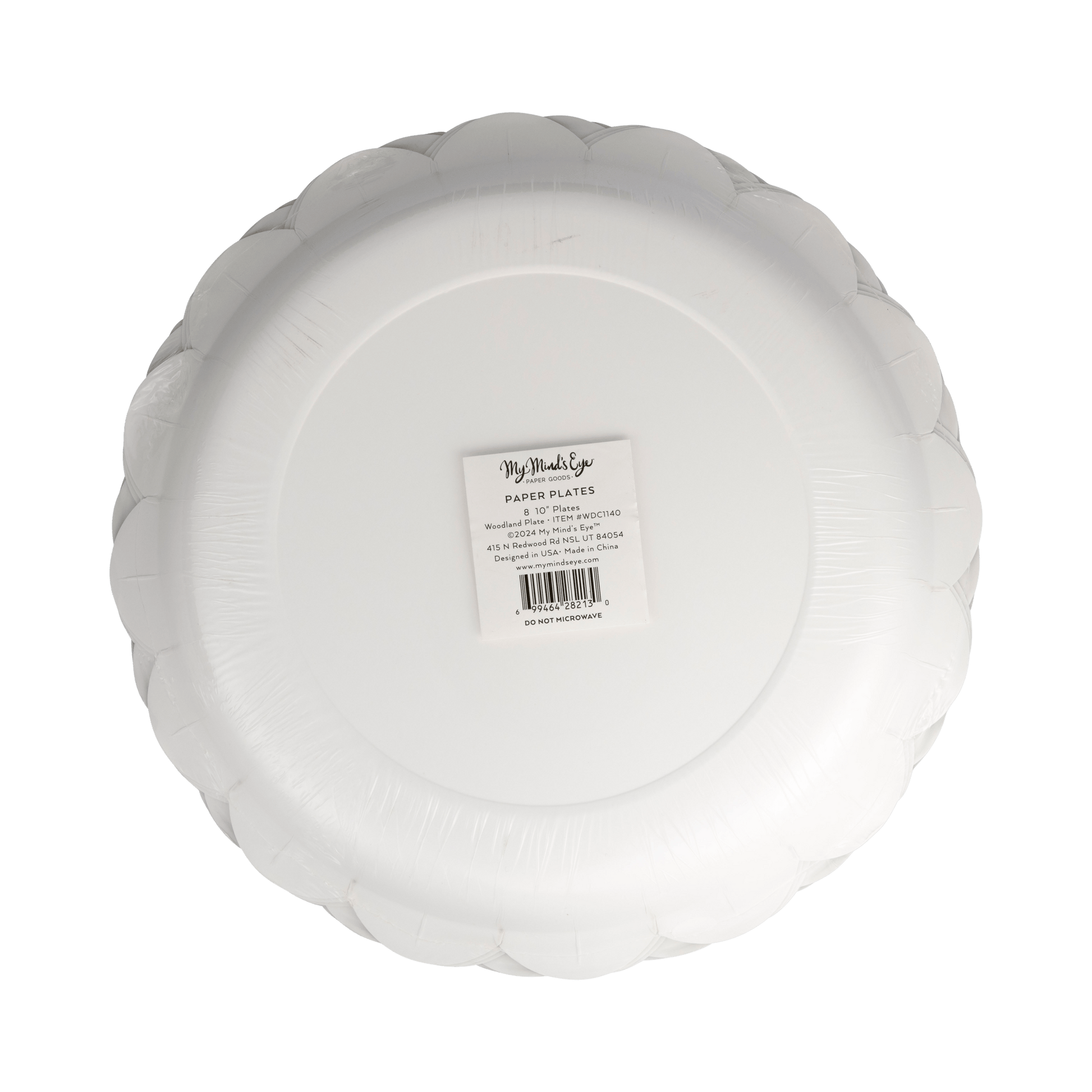 Stack of the back of paper plates with a visible brand label on a white background