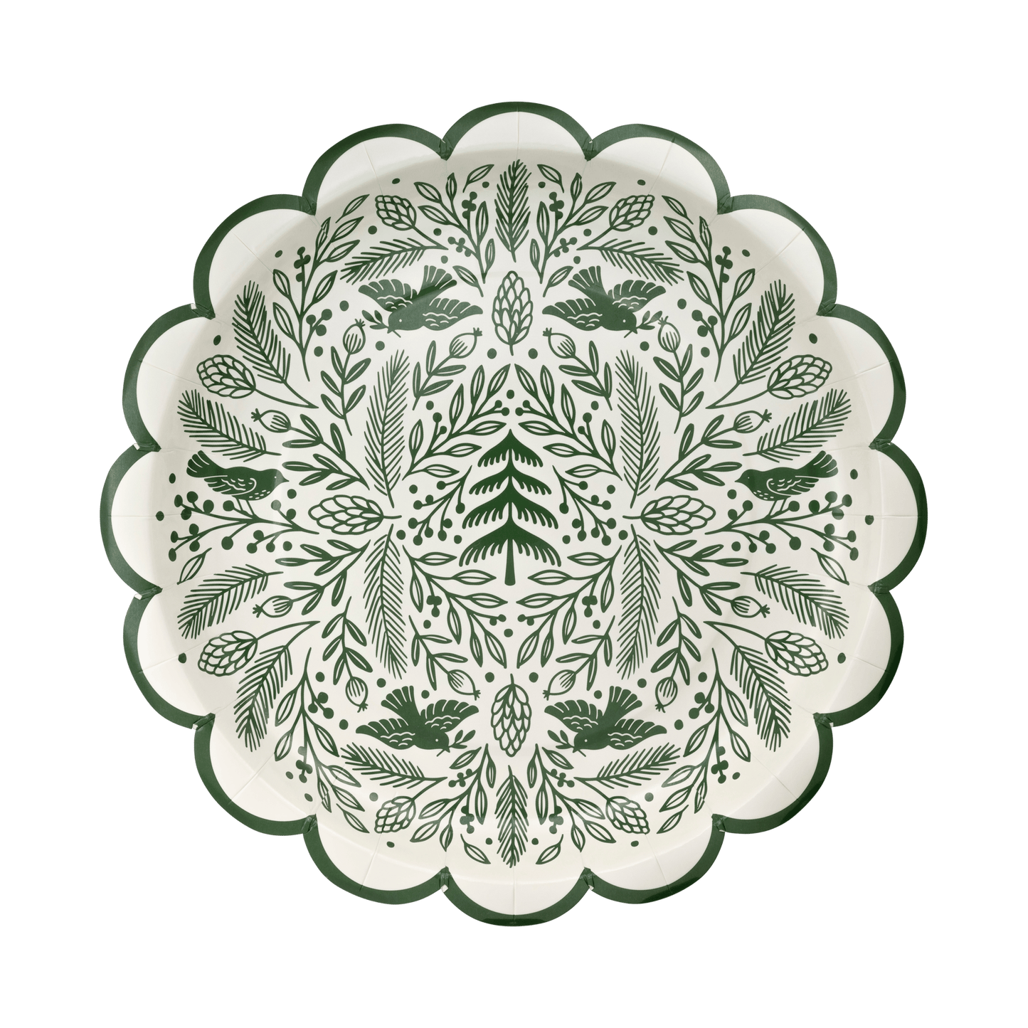 Decorative plate with green leaf and bird pattern on a white background