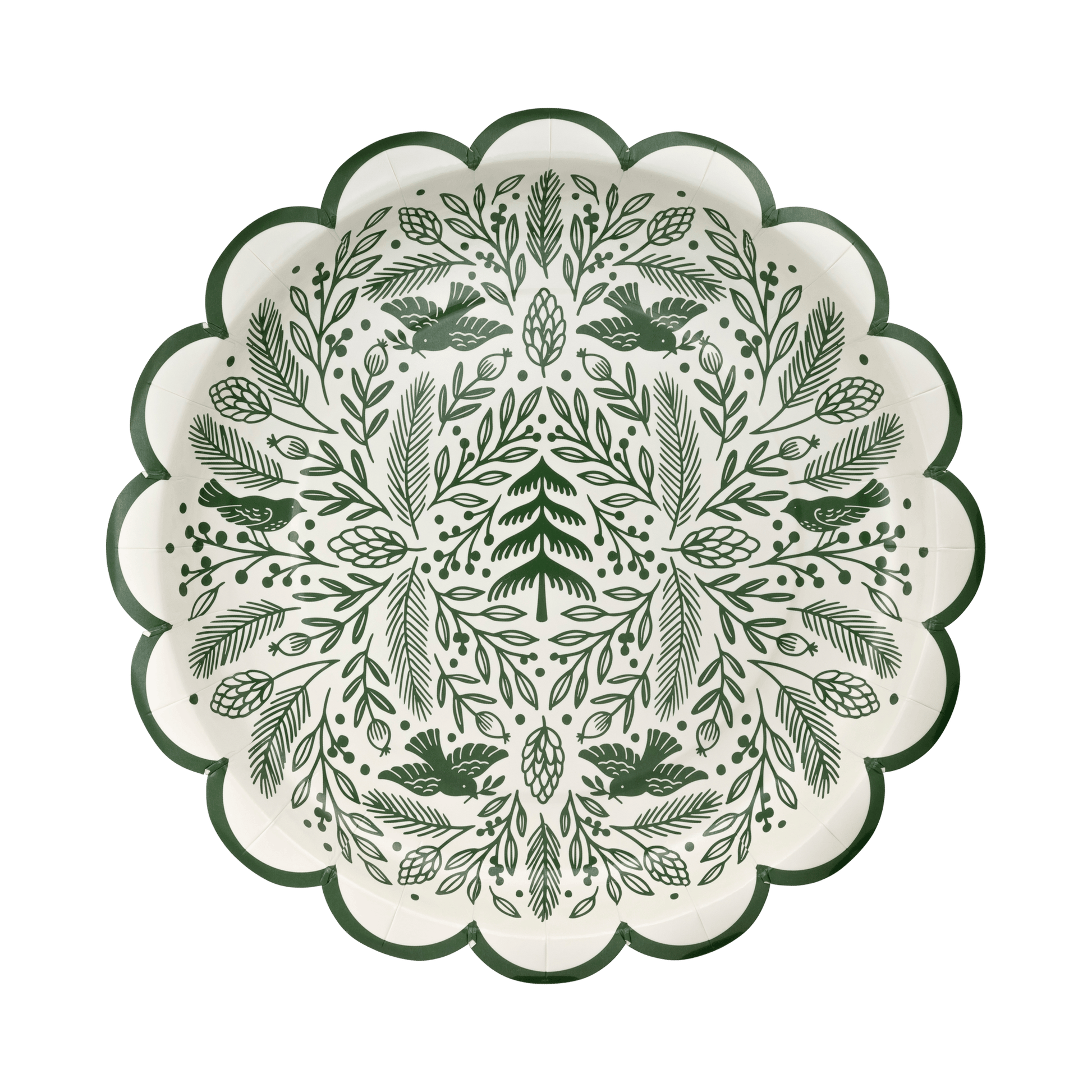 Decorative plate with green leaf and bird pattern on a white background
