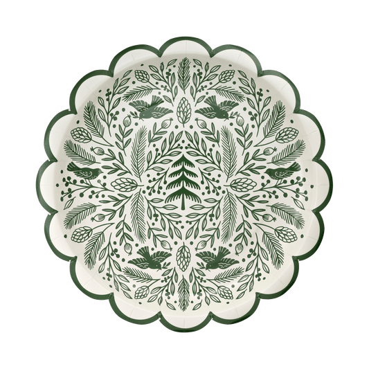 Decorative plate with green leaf and bird pattern on a white background