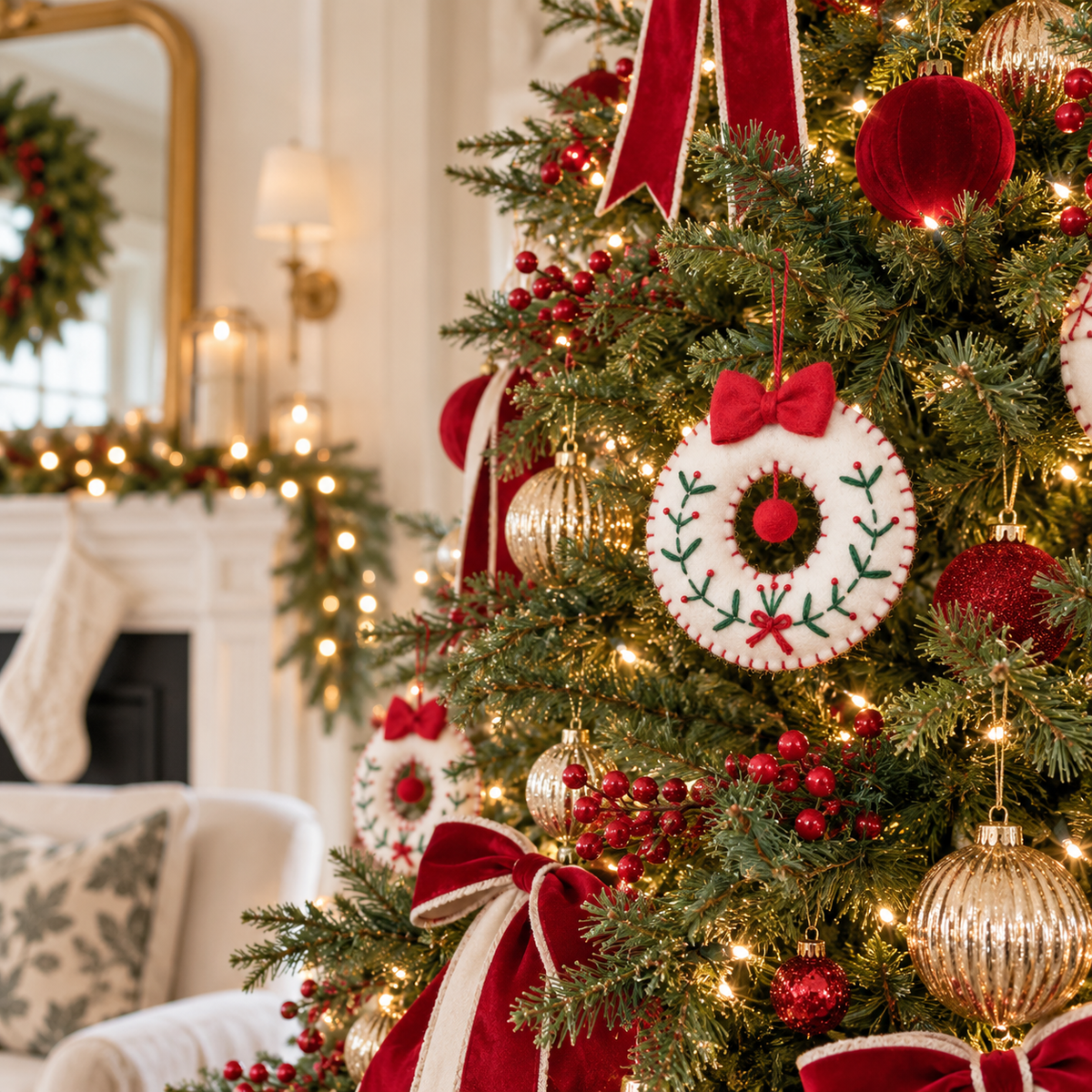 Christmas Wreath Ring Ornament - Red Bow & Greenery Details