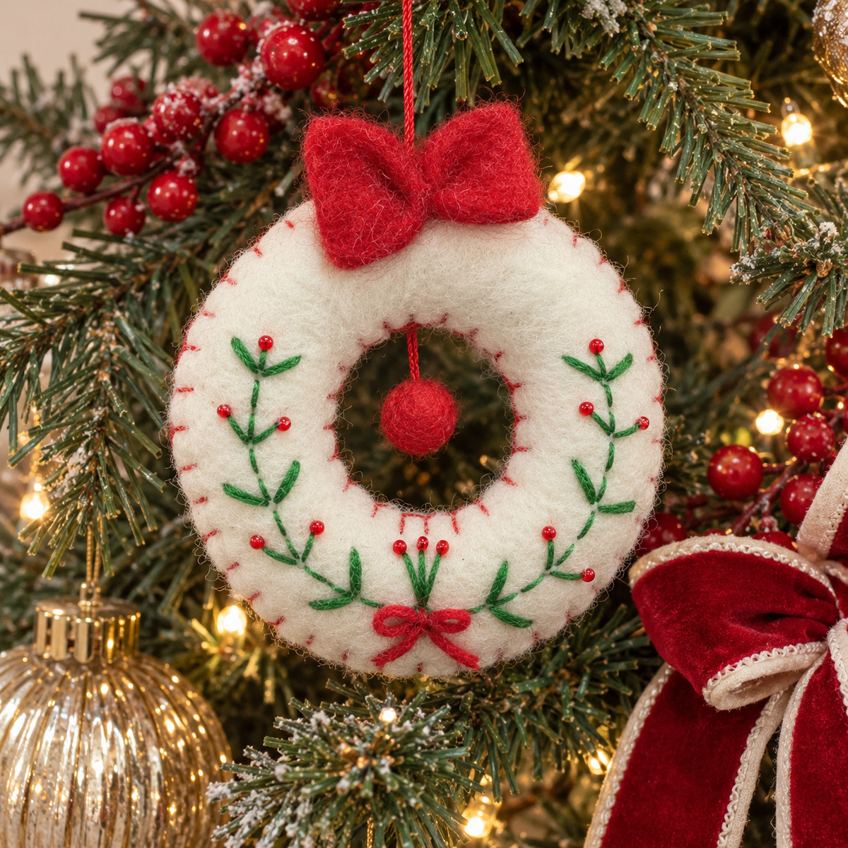 Christmas Wreath Ring Ornament - Red Bow & Greenery Details
