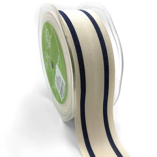Cotton Woven Stripe Ribbon - Navy | 1.5" Width | 20 Yard Roll