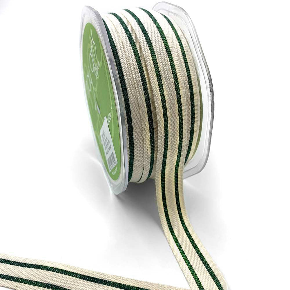 Cotton Woven Stripe Ribbon - Green | 5/8" Width | 30 Yard Roll