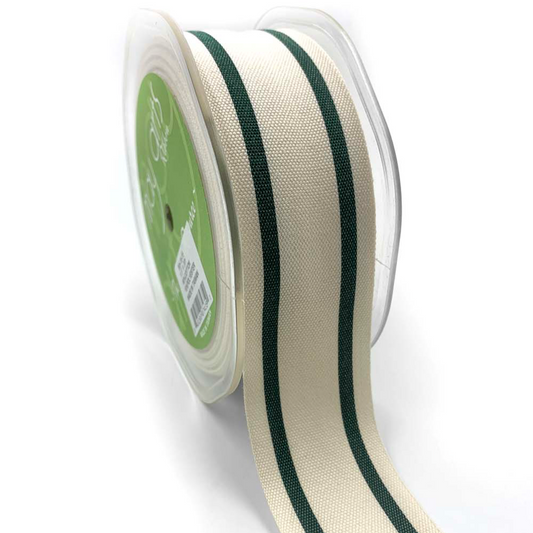 Cotton Woven Stripe Ribbon - Green | 1.5" Width | 20 Yard Roll