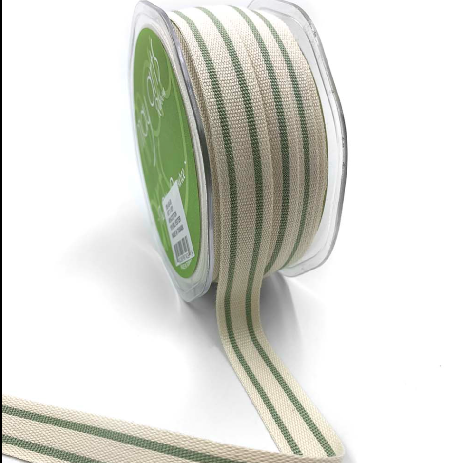 Cotton Woven Stripe Ribbon - Jadeite Green | 5/8" Width | 30 Yard Roll