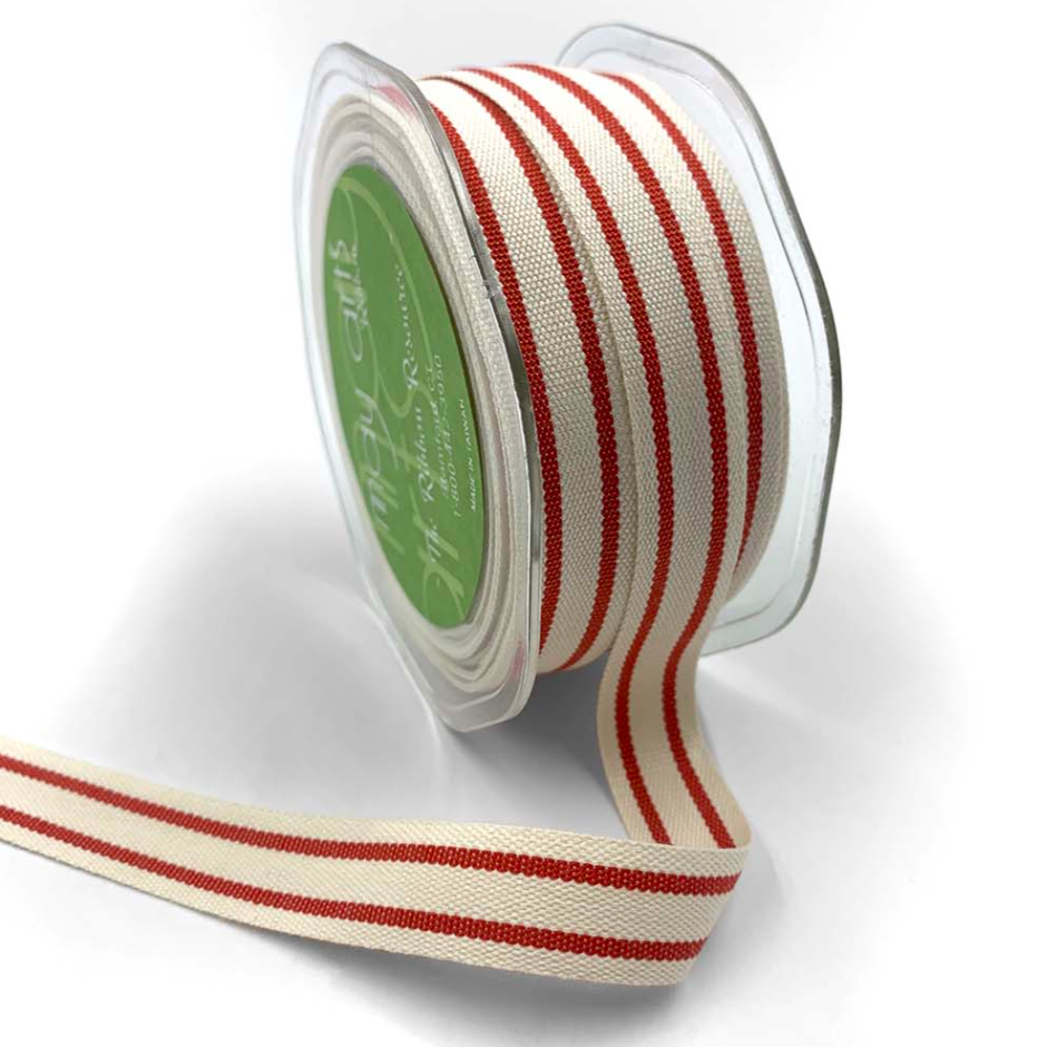 Cotton Woven Stripe Ribbon - Red | 5/8" Width | 30 Yard Roll